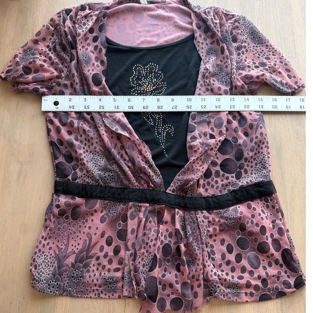 Vintage Y2K Pink Mesh Floral Layered Rhinestone Graphic Top Short Sleeve Pink L - Picture 2 of 4